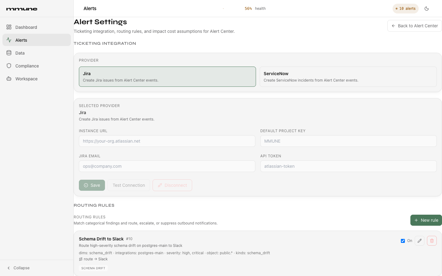 The Alert Settings page showing the ticketing provider cards and the first routing rule
