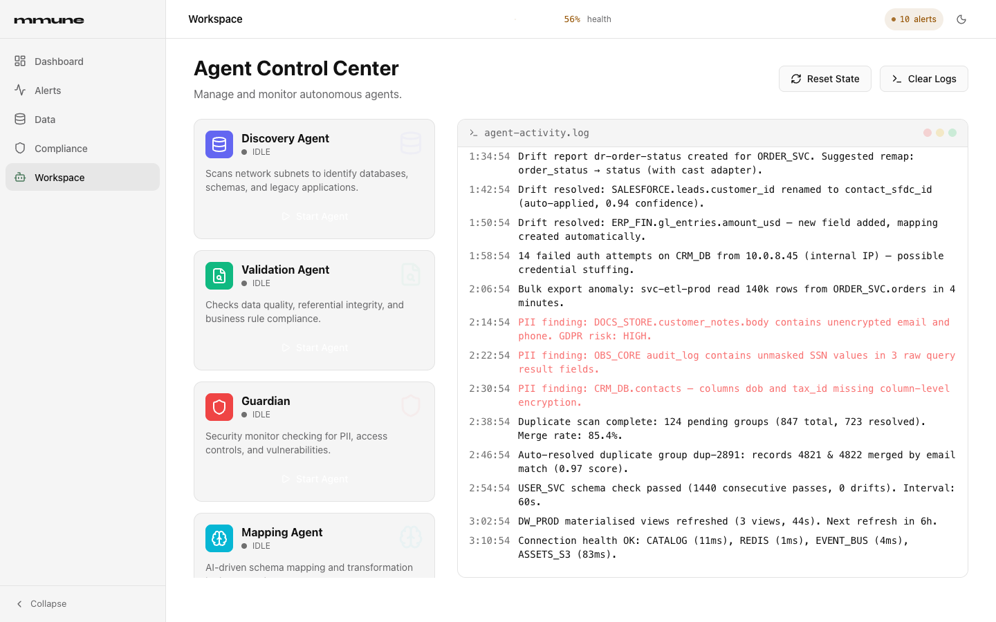 The Agent Control Center with agent cards on the left and agent-activity.log on the right