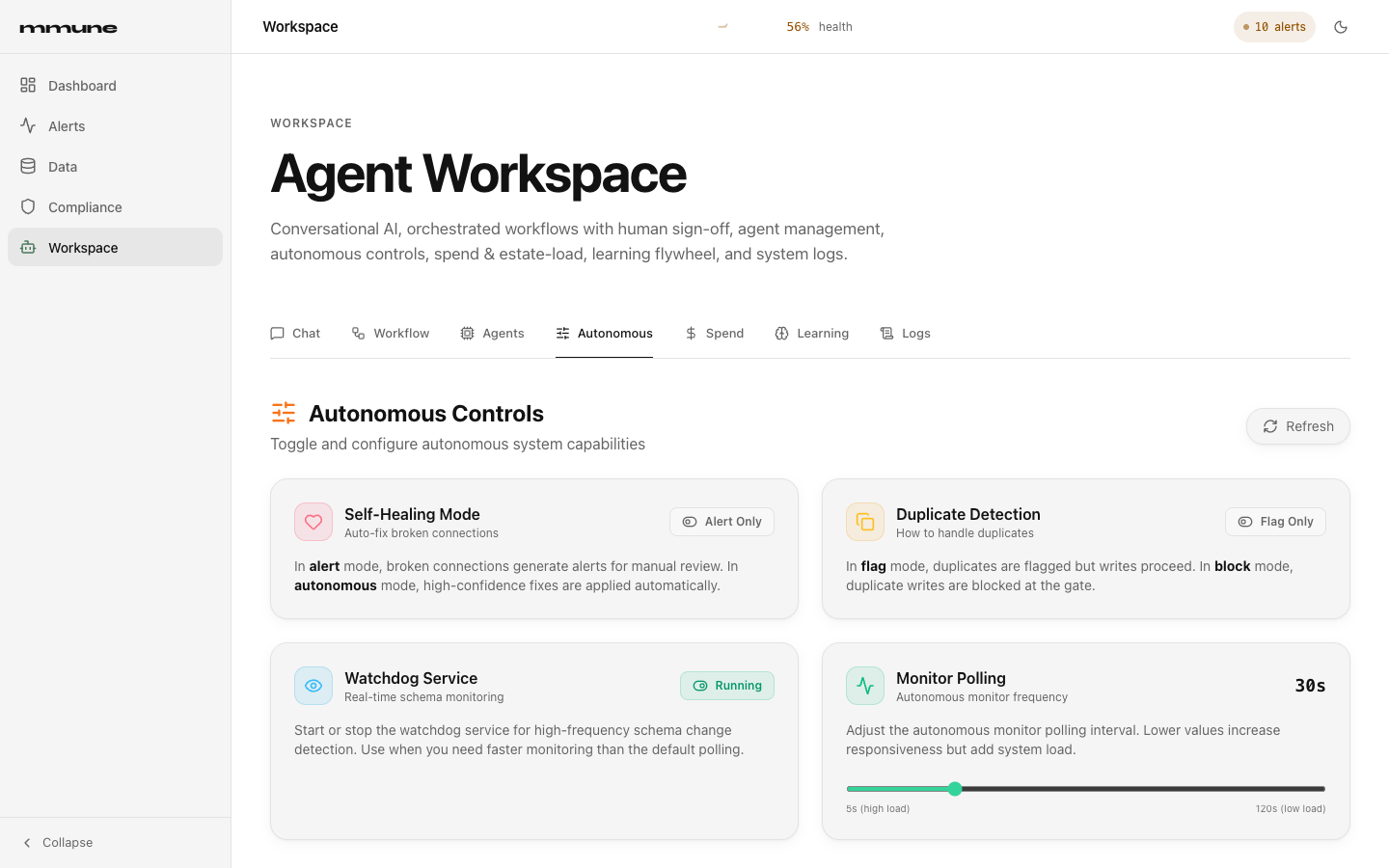 The Autonomous Controls tab with Self-Healing Mode, Duplicate Detection, Watchdog Service and Monitor Polling cards