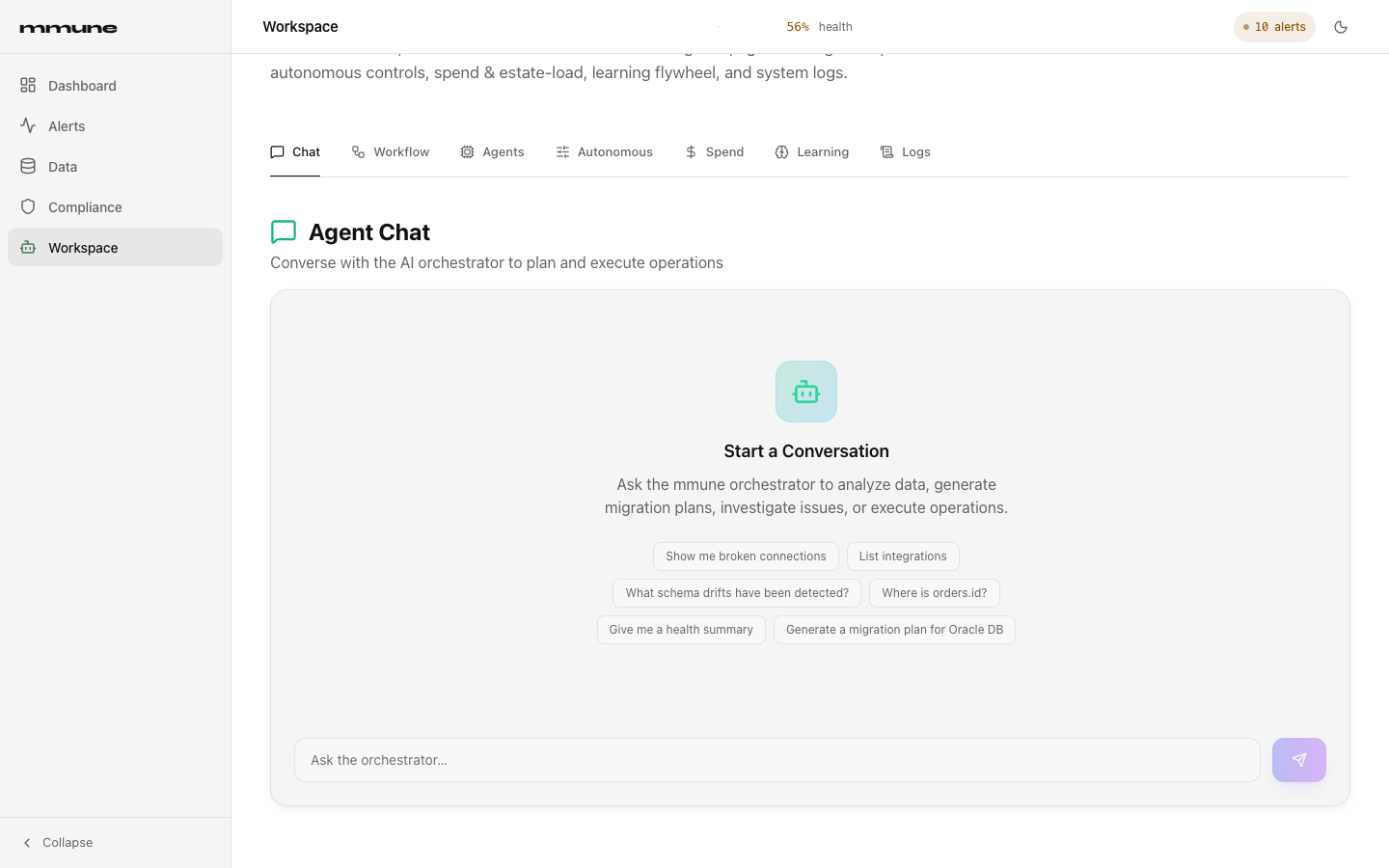 The Workspace Chat tab with six suggested questions