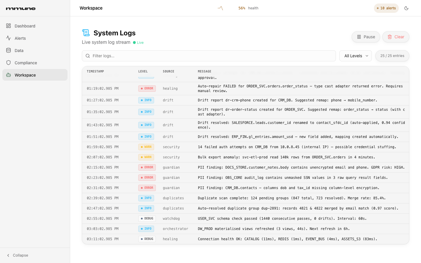 The System Logs tab with a filter box, level selector and a table of log entries